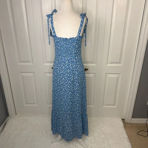 Reformation Blue Floral Tie Strap Midi Dress Size 8 Smocked Back Viscose - Picture 4 of 14